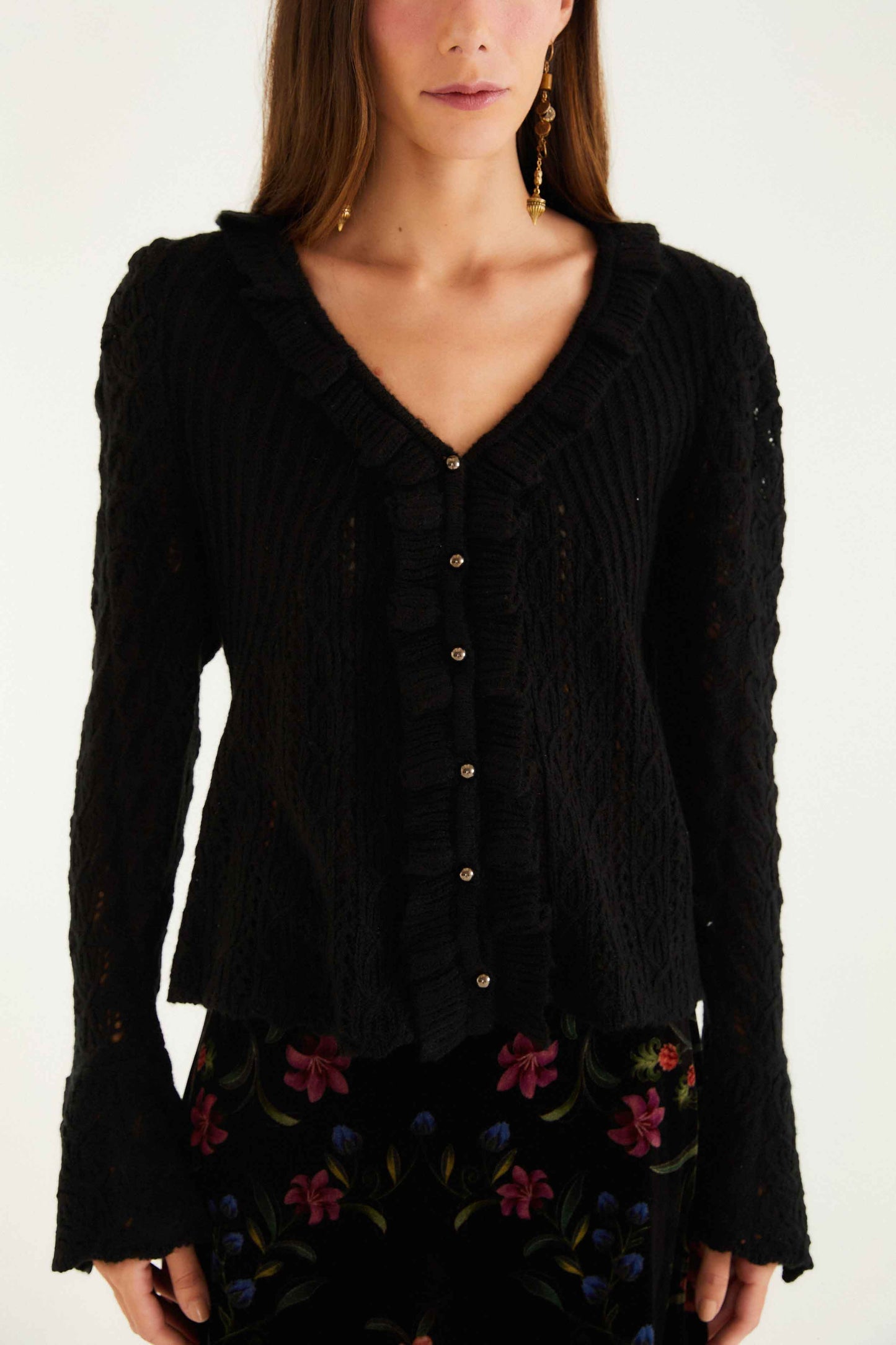 Black Lace Ruffled Knit Cardigan | FARM Rio | FARM Rio Outlet