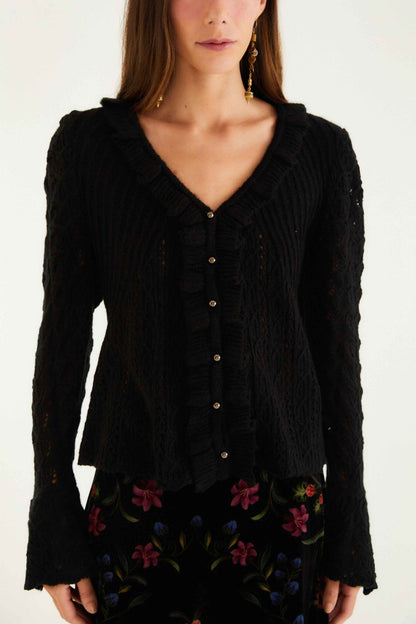 Black Lace Ruffled Knit Cardigan | FARM Rio | FARM Rio Outlet