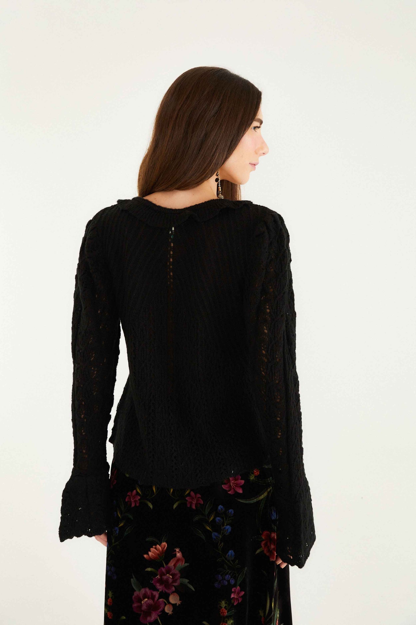 Black Lace Ruffled Knit Cardigan | FARM Rio | FARM Rio Outlet
