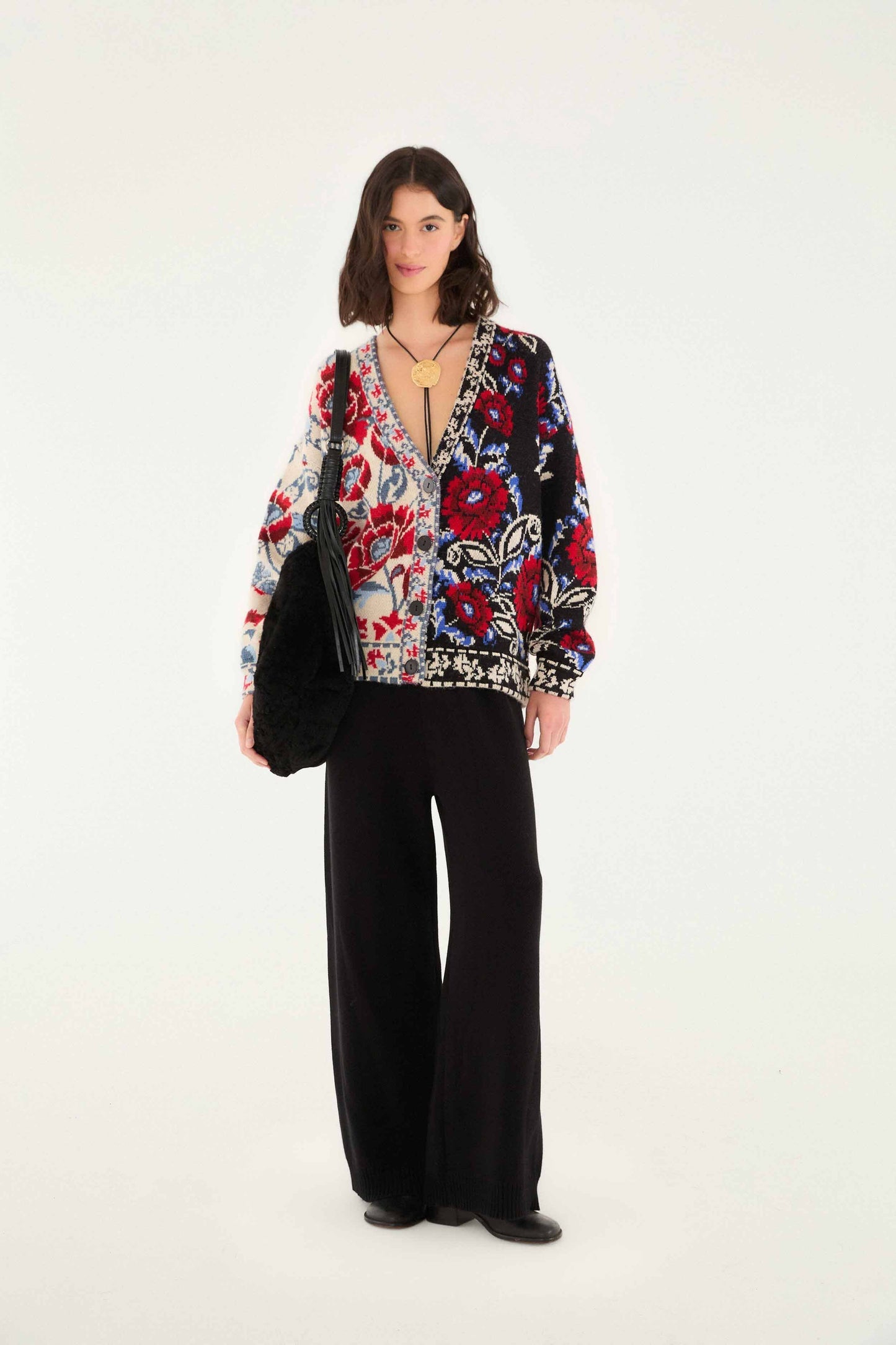 Black Mixed Valentina V Neck Knit Cardigan | FARM Rio | FARM Rio For Sale