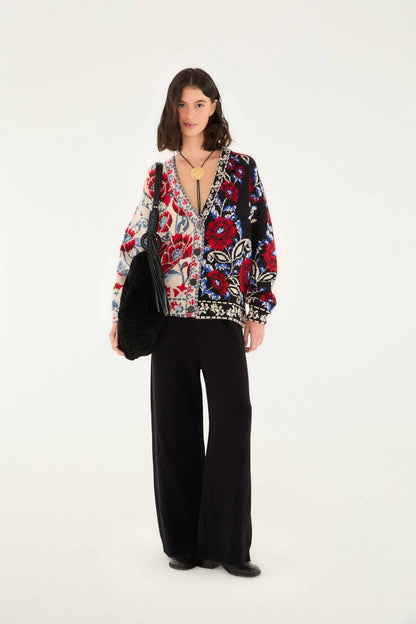 Black Mixed Valentina V Neck Knit Cardigan | FARM Rio | FARM Rio For Sale