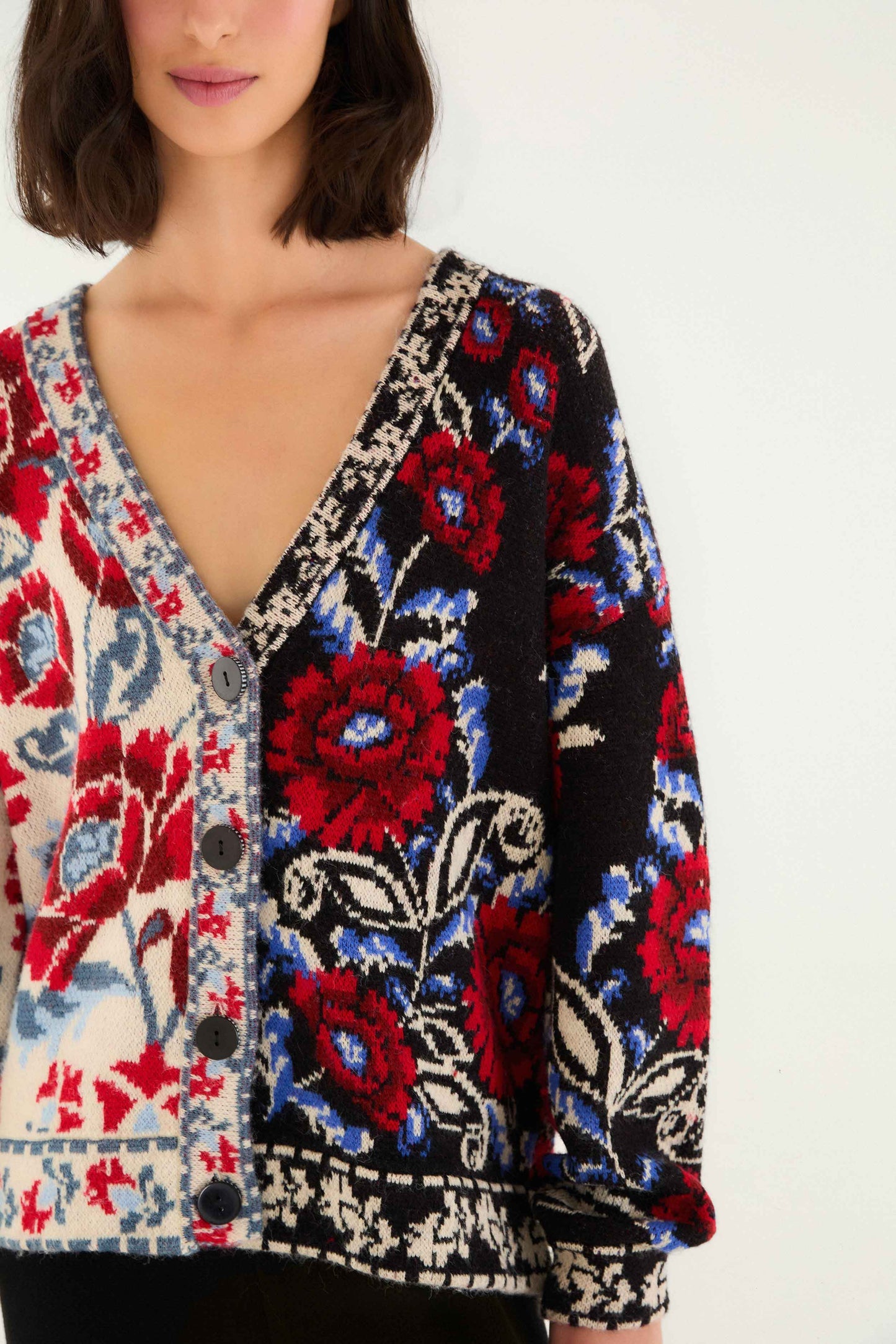Black Mixed Valentina V Neck Knit Cardigan | FARM Rio | FARM Rio For Sale