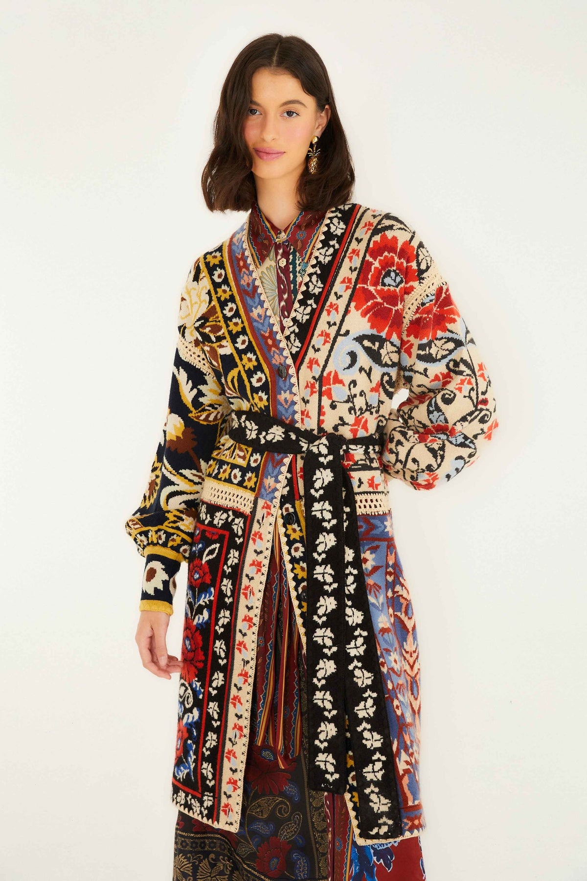 Mixed Flower Print Patchwork Knit Midi Cardigan | FARM Rio | FARM Rio