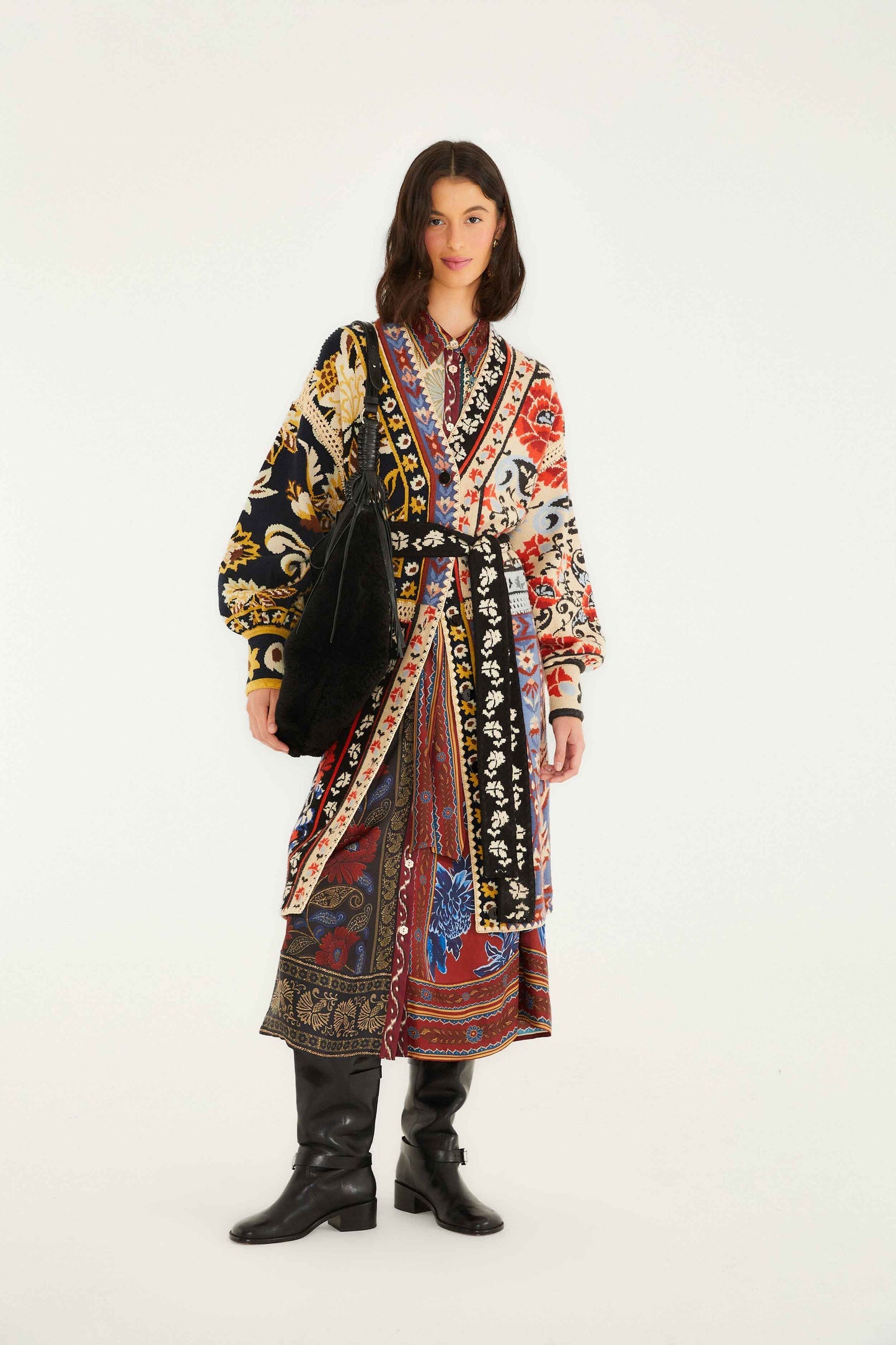 Mixed Flower Print Patchwork Knit Midi Cardigan | FARM Rio | FARM Rio