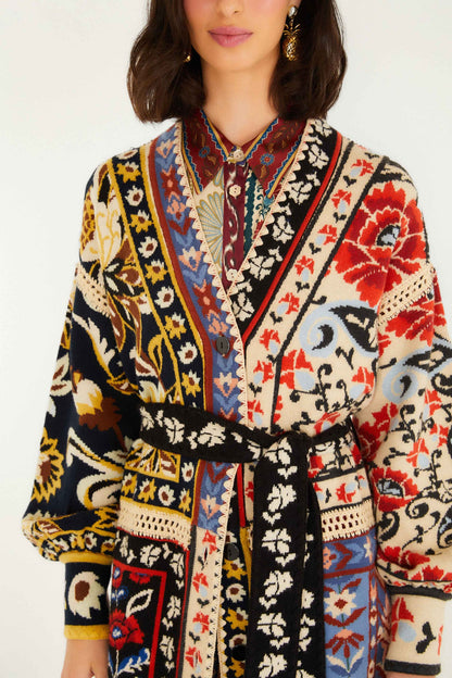 Mixed Flower Print Patchwork Knit Midi Cardigan | FARM Rio | FARM Rio