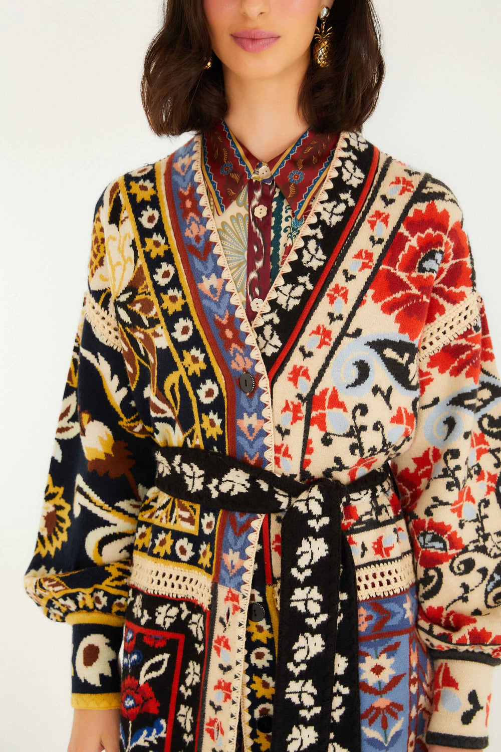 Mixed Flower Print Patchwork Knit Midi Cardigan | FARM Rio | FARM Rio