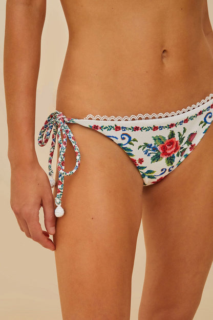 Off-White Flower Tapestry Side Tie Bikini Bottom | FARM Rio For Sale
